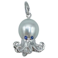 Octopus Blue Sapphire White 18 Karat Gold Pearl Pendant/Necklace and Charm
