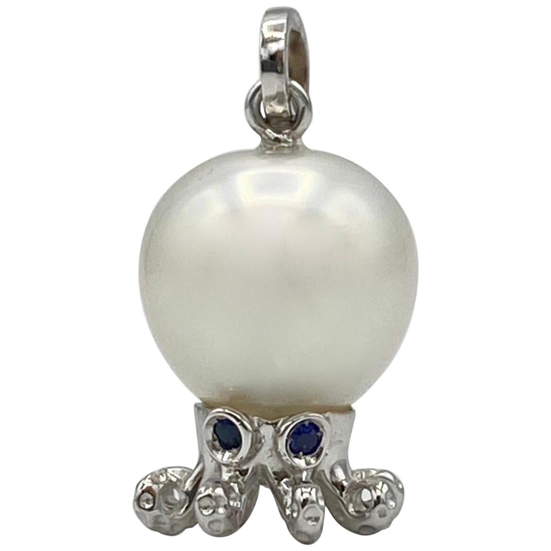 Petronilla Octopus Blue Sapphire White 18Kt Gold Tahitian Pearl Pendant/Necklace