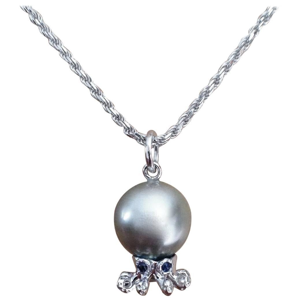 Octopus Blue Sapphire White 18K Gold Tahitian Pearl Pendant or Necklace