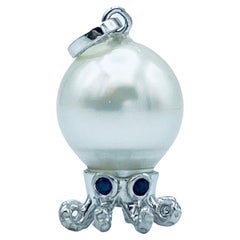 Octopus Blue Sapphire White 18Kt Gold Australian Pearl Pendant / Necklace