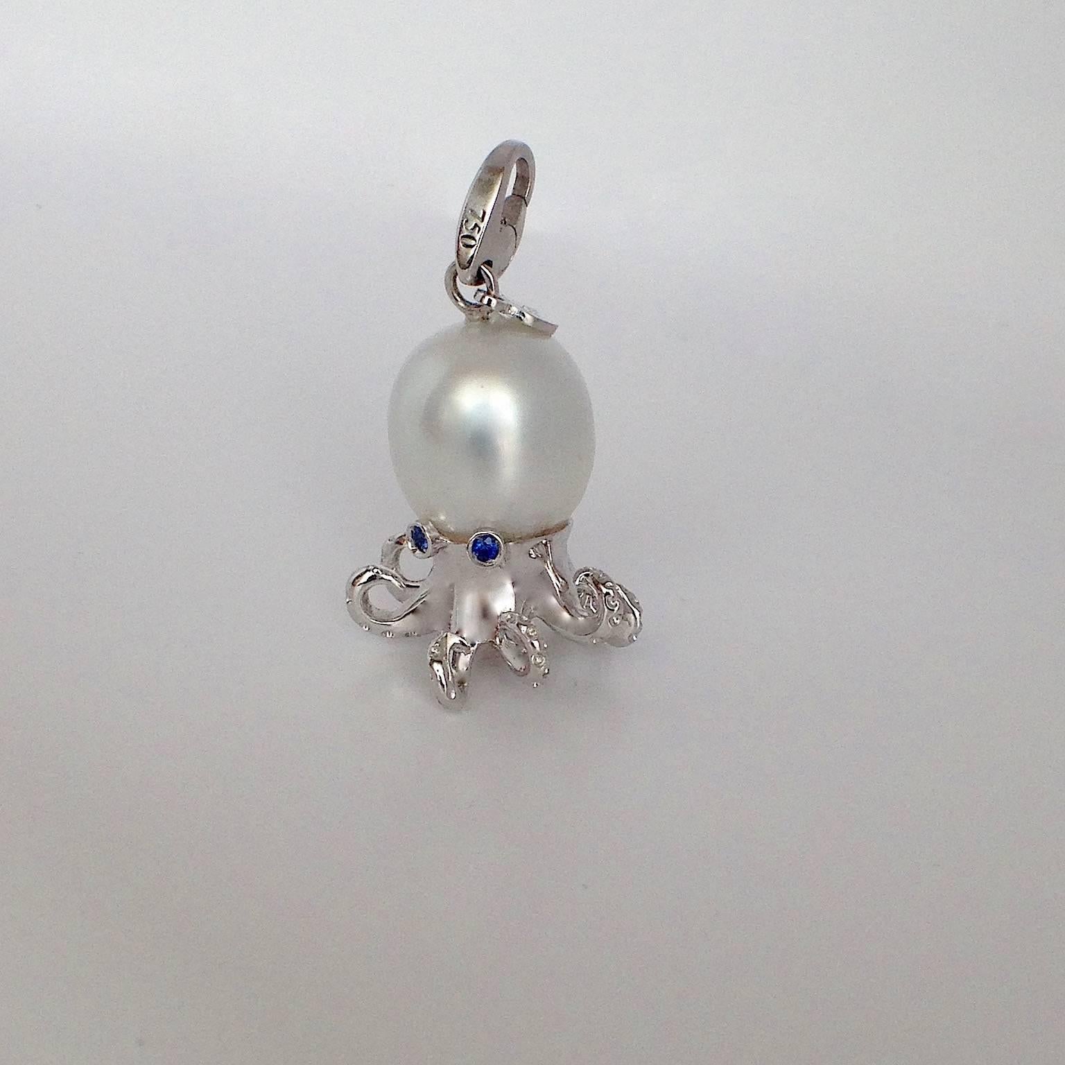 Women's Octopus Blue Sapphire White 18K Gold Pearl Pendant/Necklace and Charm