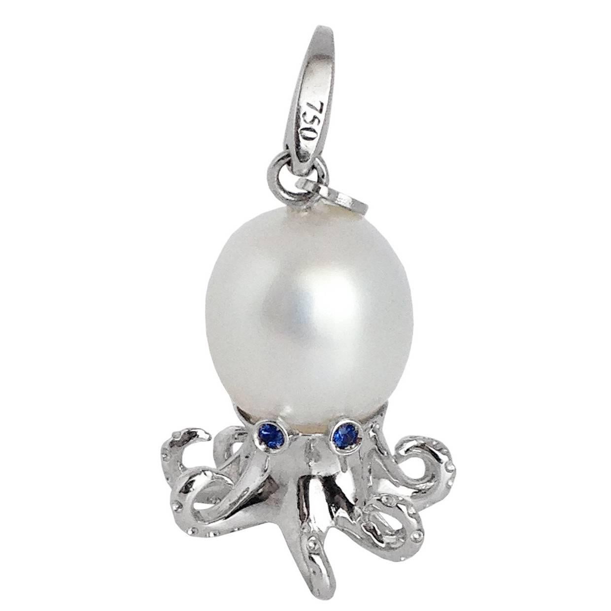 Octopus Blue Sapphire White 18K Gold Pearl Pendant/Necklace and Charm