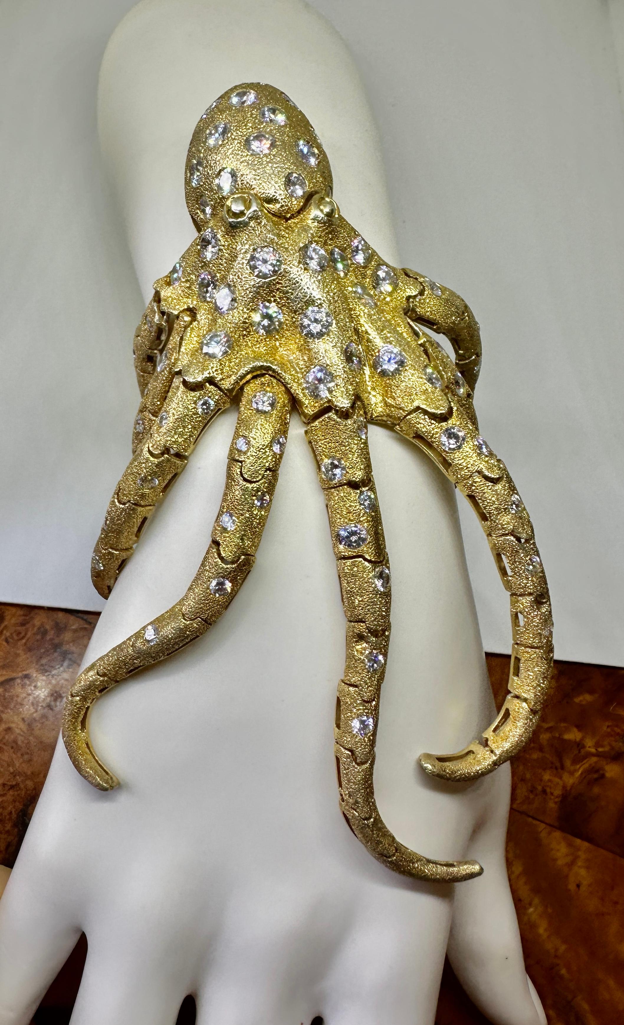 Octopus Bracelet Gilt Sterling Silver Cubic Zirconia Italy Vintage Retro Rare In Excellent Condition For Sale In New York, NY