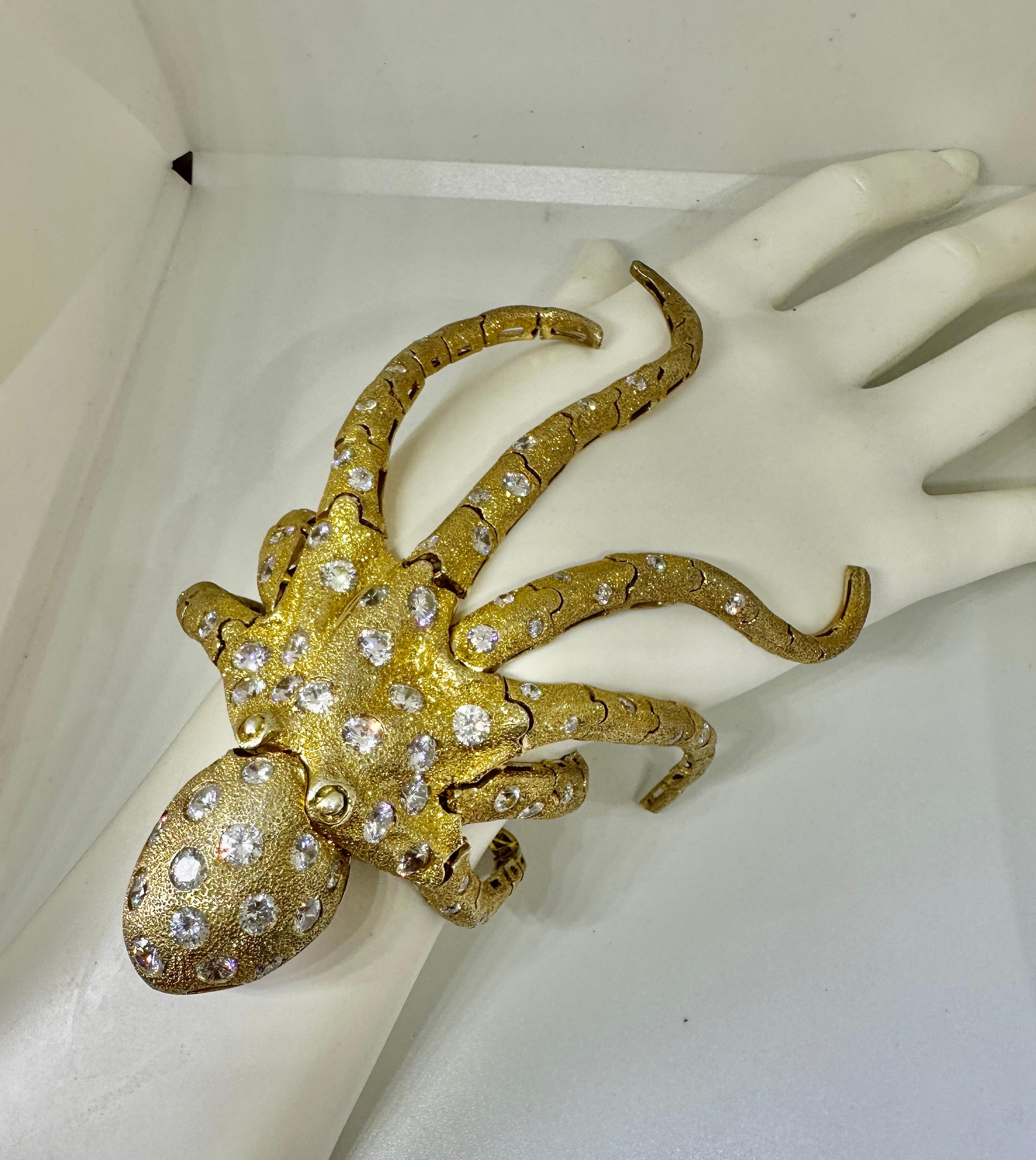 Women's or Men's Octopus Bracelet Gilt Sterling Silver Cubic Zirconia Italy Vintage Retro Rare For Sale
