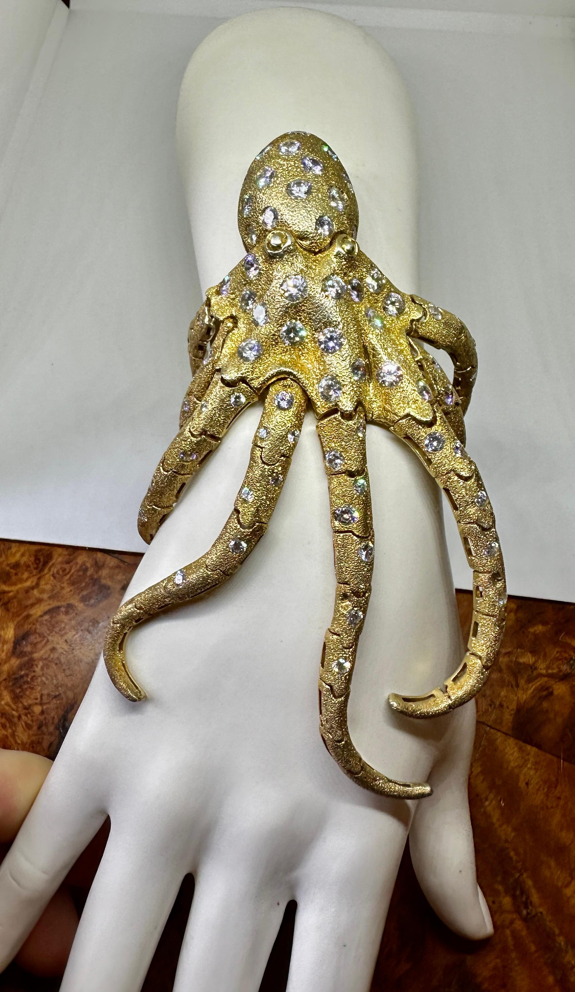 Octopus Bracelet Gilt Sterling Silver Cubic Zirconia Italy Vintage Retro Rare For Sale 1