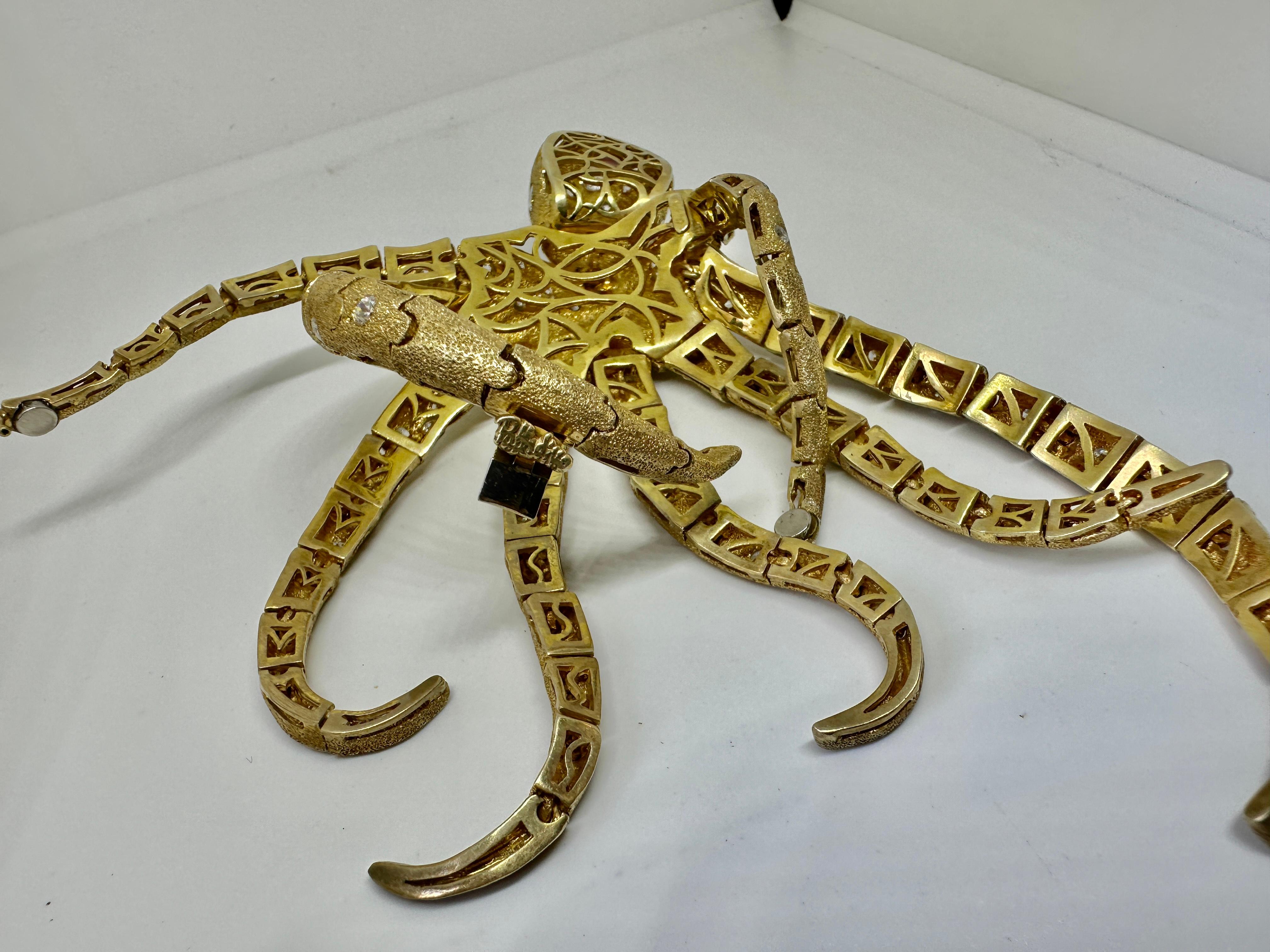 Octopus Bracelet Gilt Sterling Silver Cubic Zirconia Italy Vintage Retro Rare For Sale 4