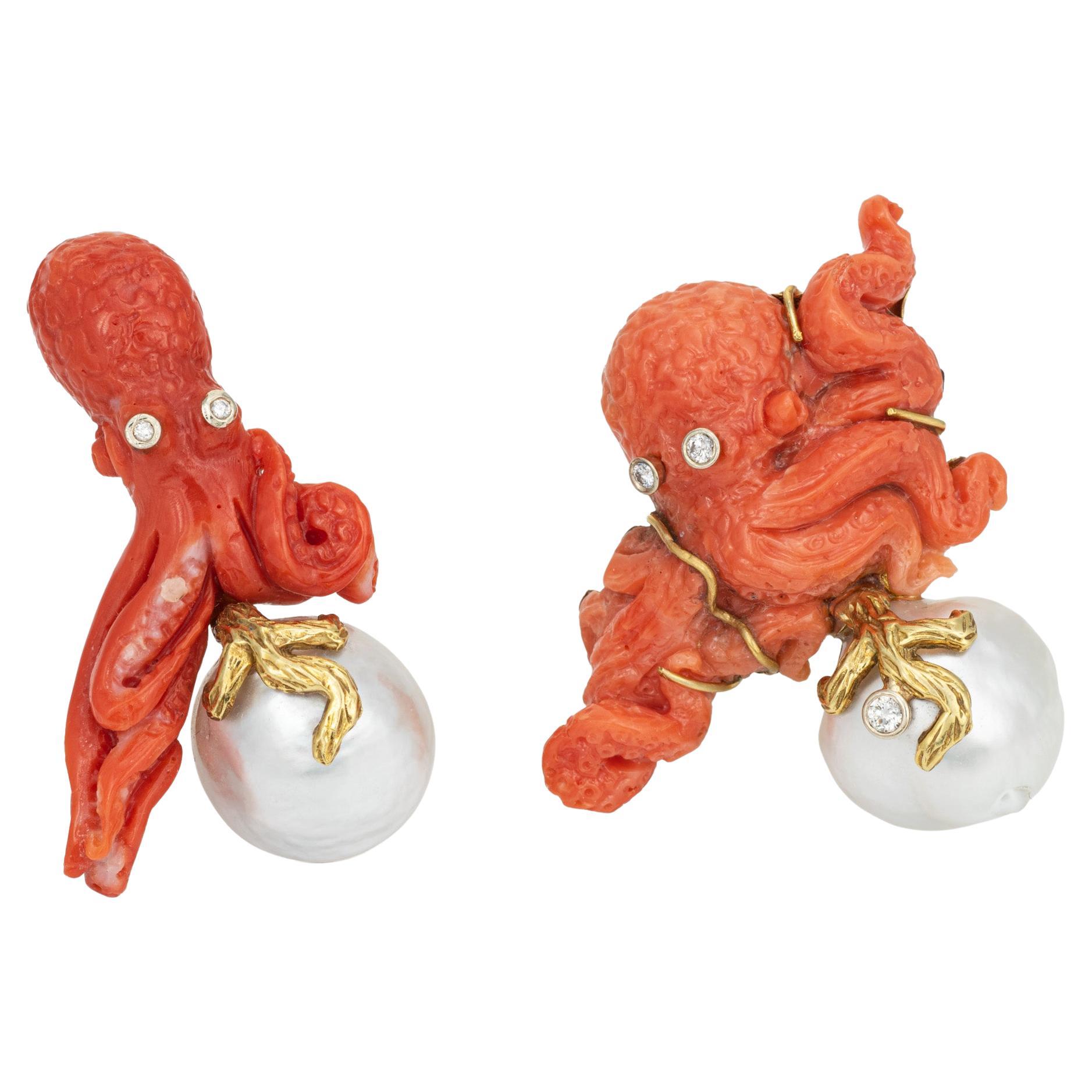 Octopus Earrings Carved Coral Diamond Pearl Estate 18k Gold Ocean Jewelry Maz