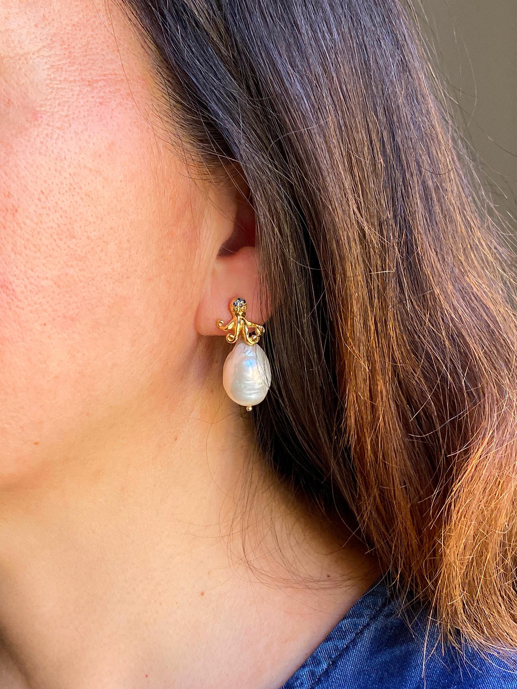 Brilliant Cut Octopus Earrings Handmade Yellow Gold Blue Sapphire Ocean-inspired Baroque  For Sale