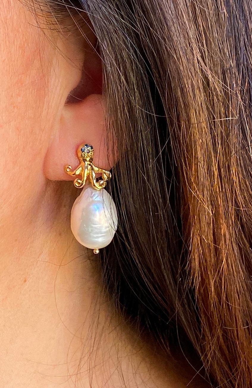 Octopus Earrings Handmade Yellow Gold Blue Sapphire Ocean-inspired Baroque  For Sale 1