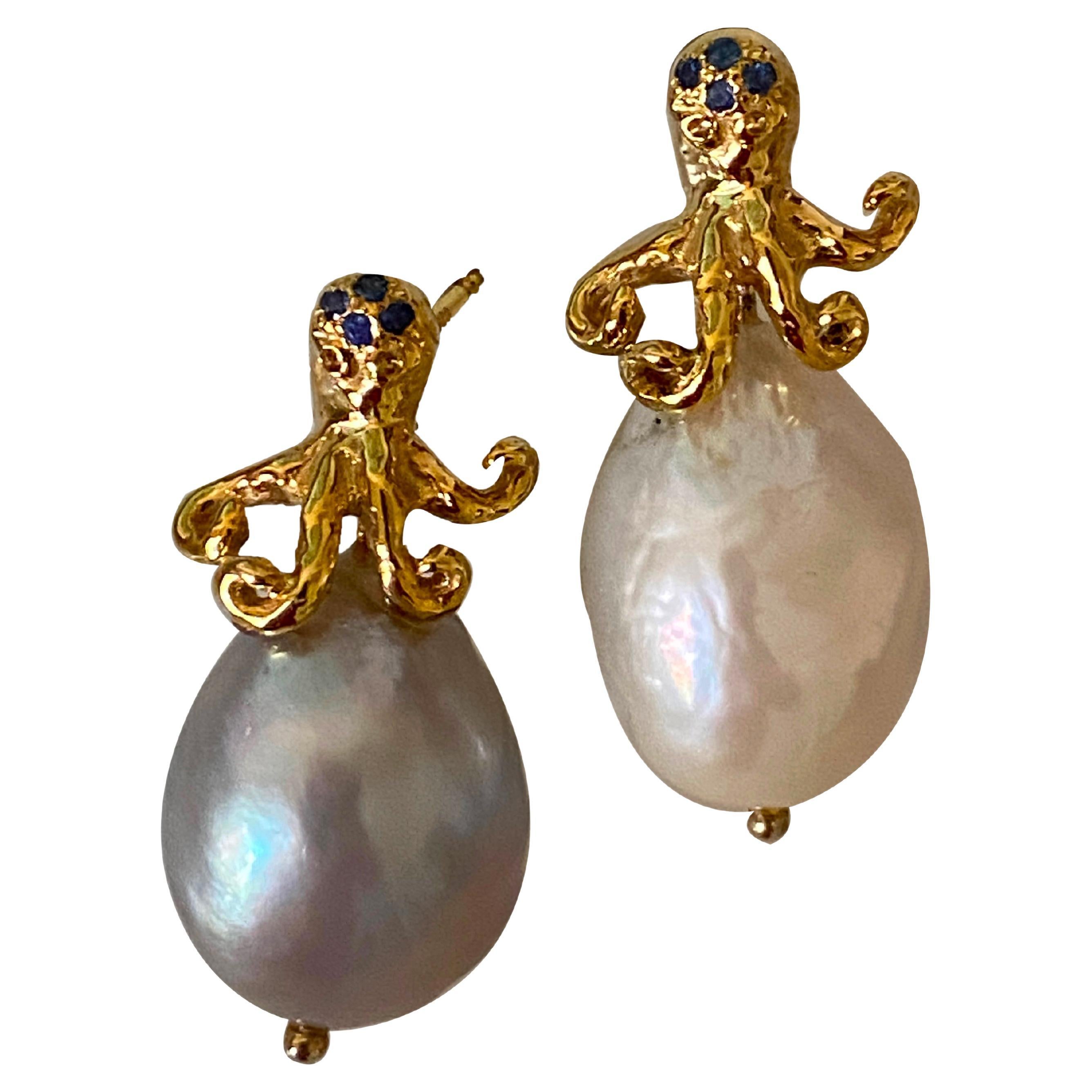 Octopus Earrings Handmade Yellow Gold Blue Sapphire Ocean-inspired Baroque  For Sale