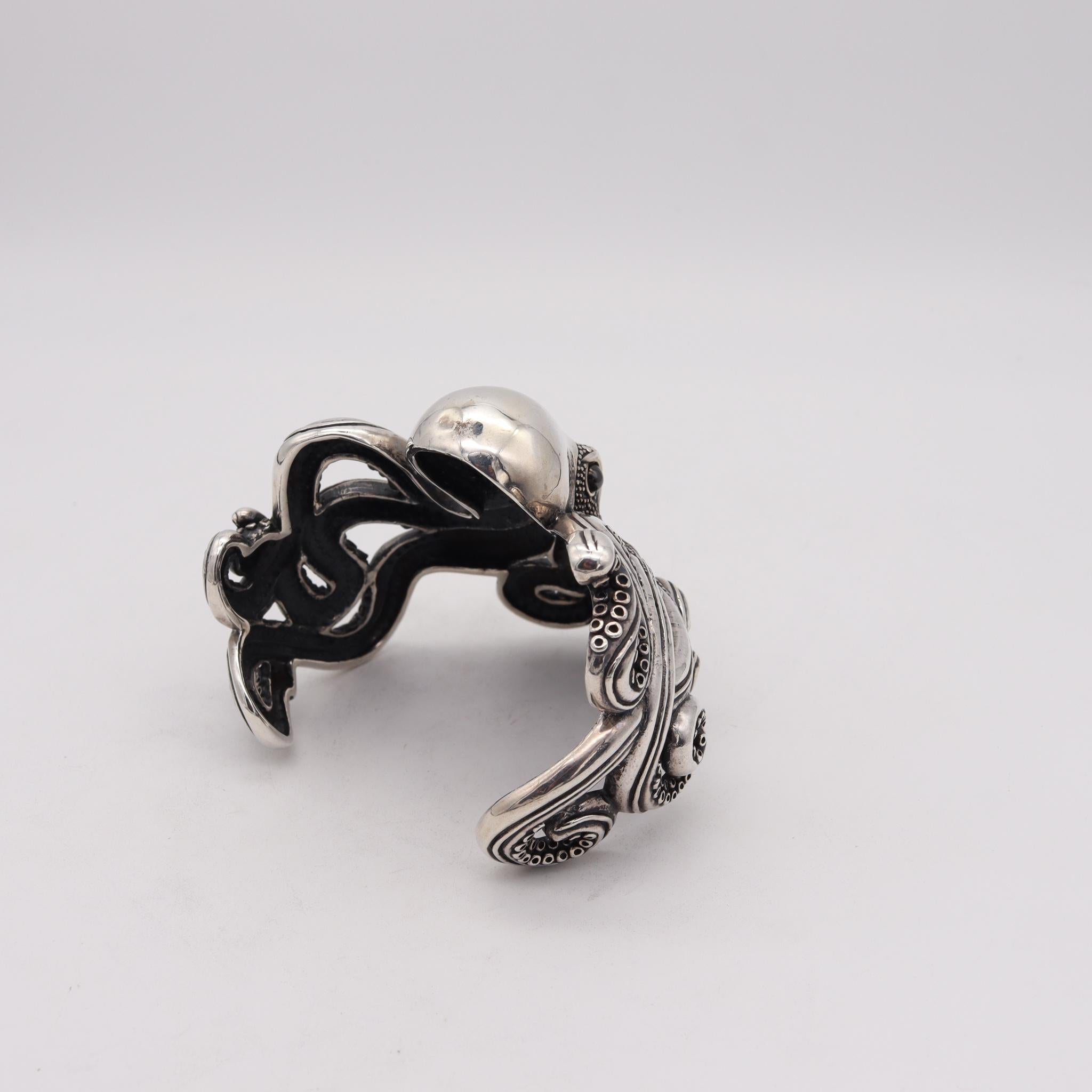 OCTOPUS Italian Oversized Massive Cuff Bracelet in Solid .925 Sterling Silver In Excellent Condition In Miami, FL