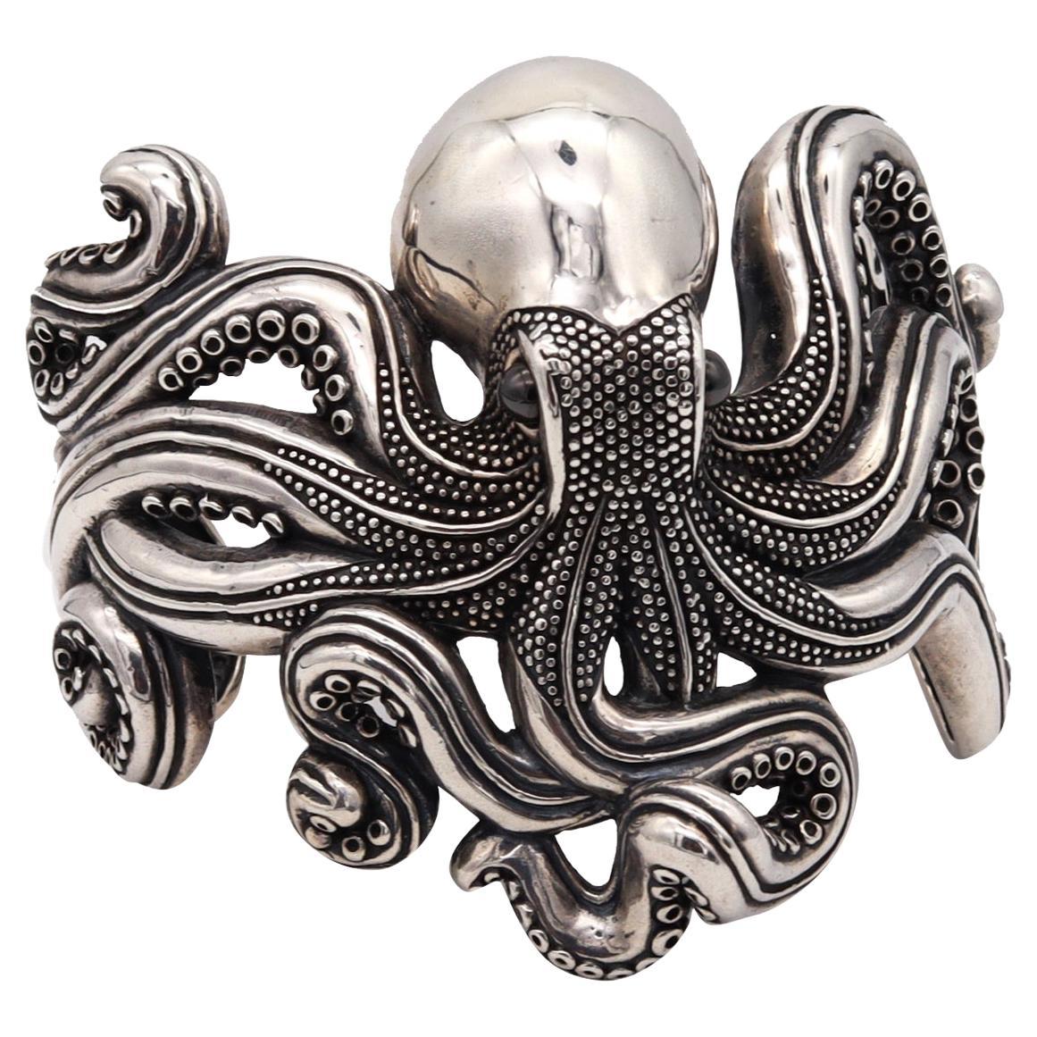 Octopus Italian Oversized Massive Cuff Bracelet in Solid Textured .925 Sterling For Sale