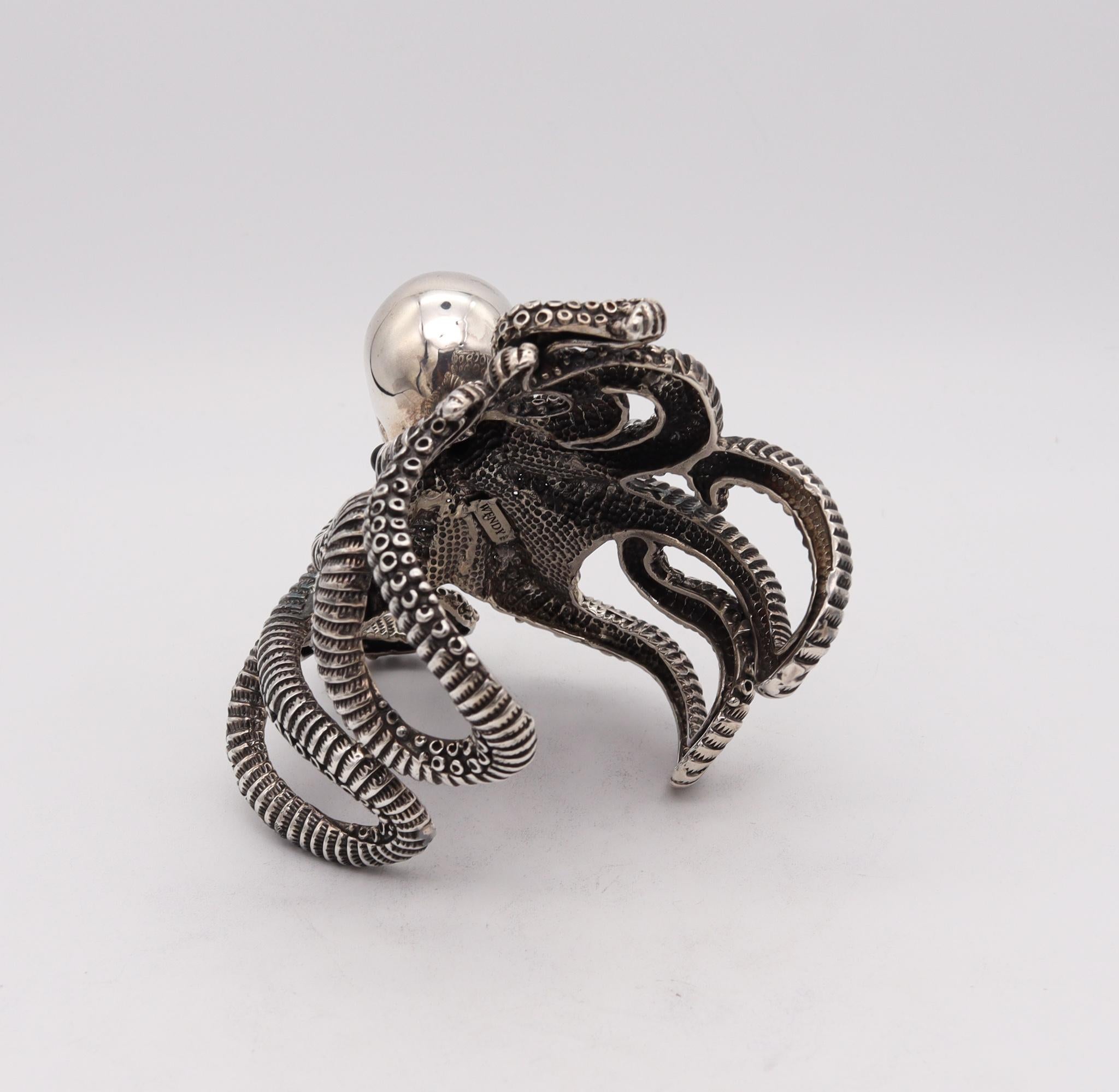 Octopus Italian Sculptural Massive Cuff Bracelet In Solid .925 Sterling Silver In Excellent Condition In Miami, FL