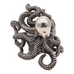 Octopus Italian Sculptural Massive Cuff Bracelet In Solid .925 Sterling Silver