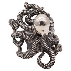 Octopus Italian Sculptural Massive Cuff Bracelet In Solid .925 Sterling Silver