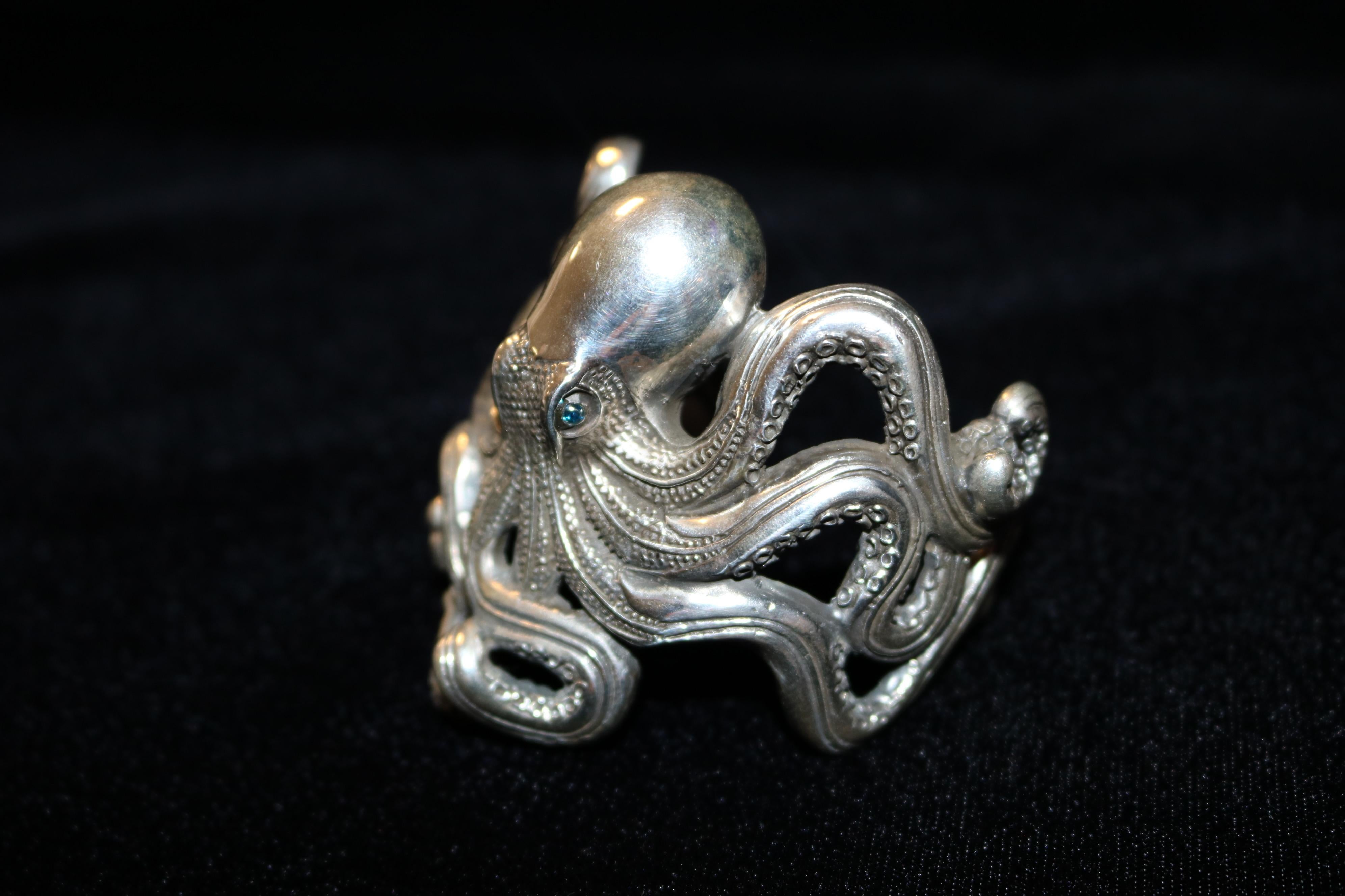 Round Cut Octopus Massive Cuff Bracelet in Solid 925 Sterling For Sale
