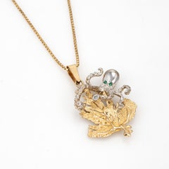 Octopus Necklace Vintage 14k Yellow Gold Diamond Emerald Eyes Ocean Sea Jewelry