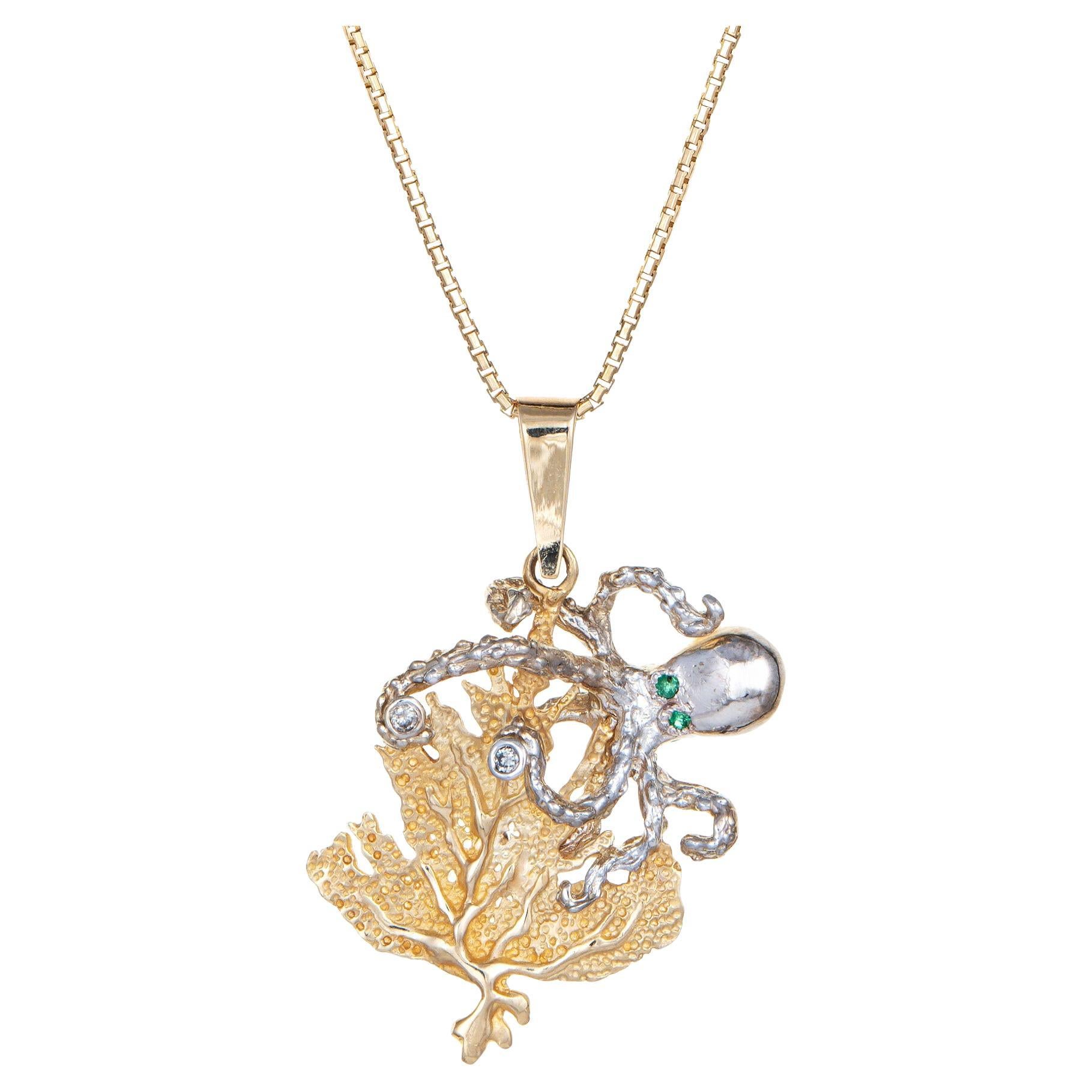 Octopus Necklace Vintage 14k Yellow Gold Diamond Emerald Eyes Ocean Sea Jewelry