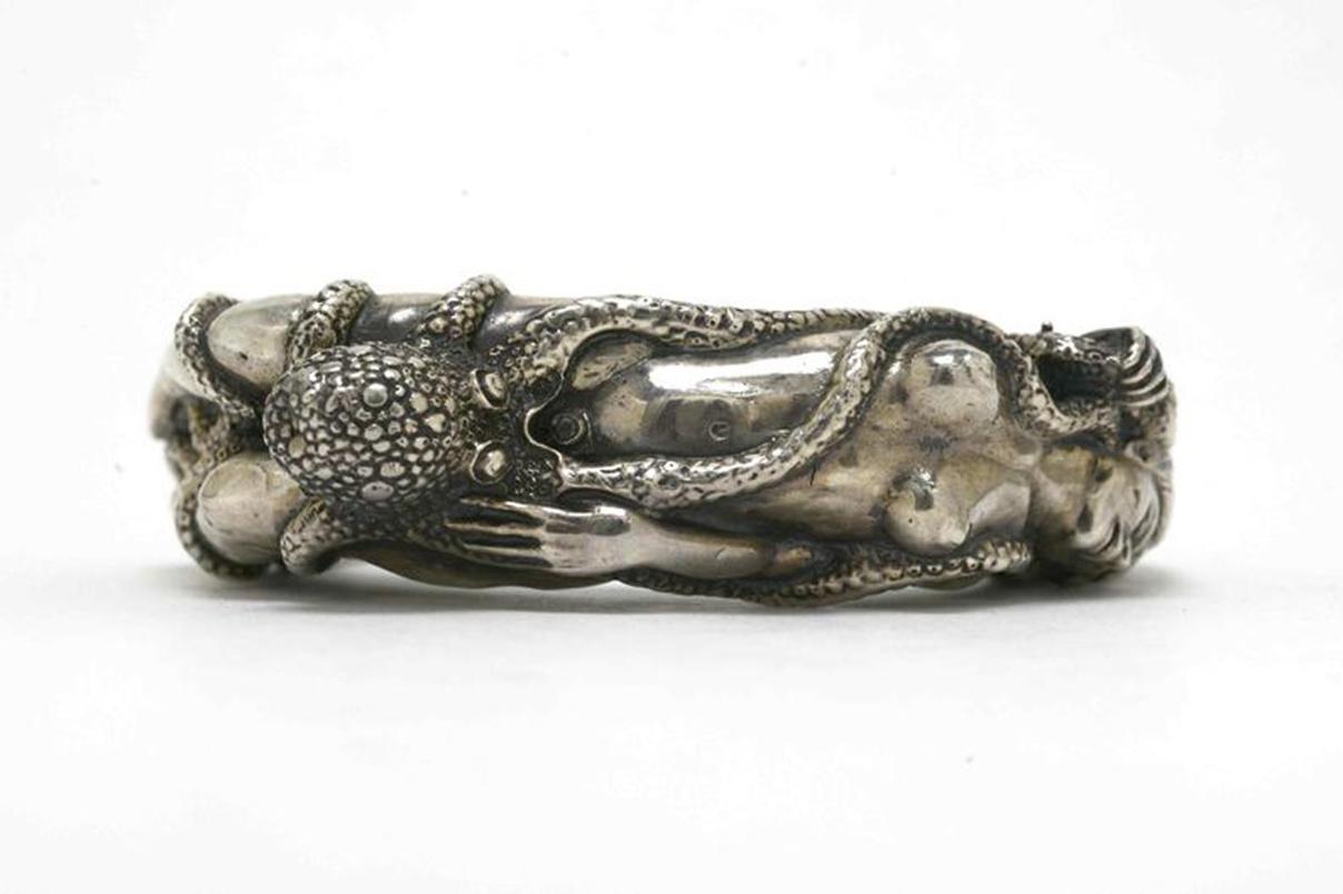 Contemporary Octopus & Nude Woman Silver Cuff Bracelet Japanese Shunga Erotica For Sale