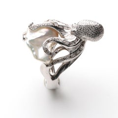 Octopus Pearl and diamond ring in 18kt white gold - Italian design