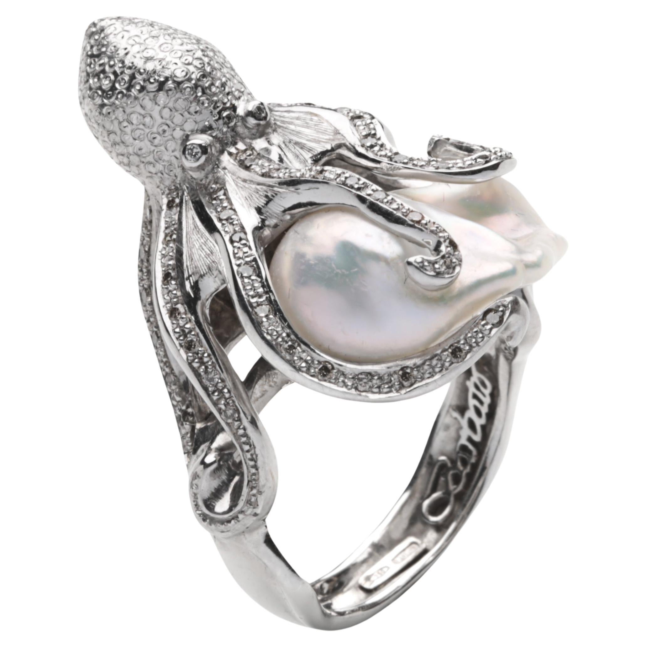 Octopus Pearl and diamond ring in 18kt white gold - Italian design For Sale
