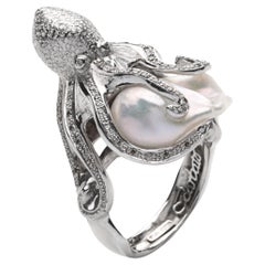 Octopus Perlen- und Diamantring aus 18 Karat Weißgold – italienisches Design