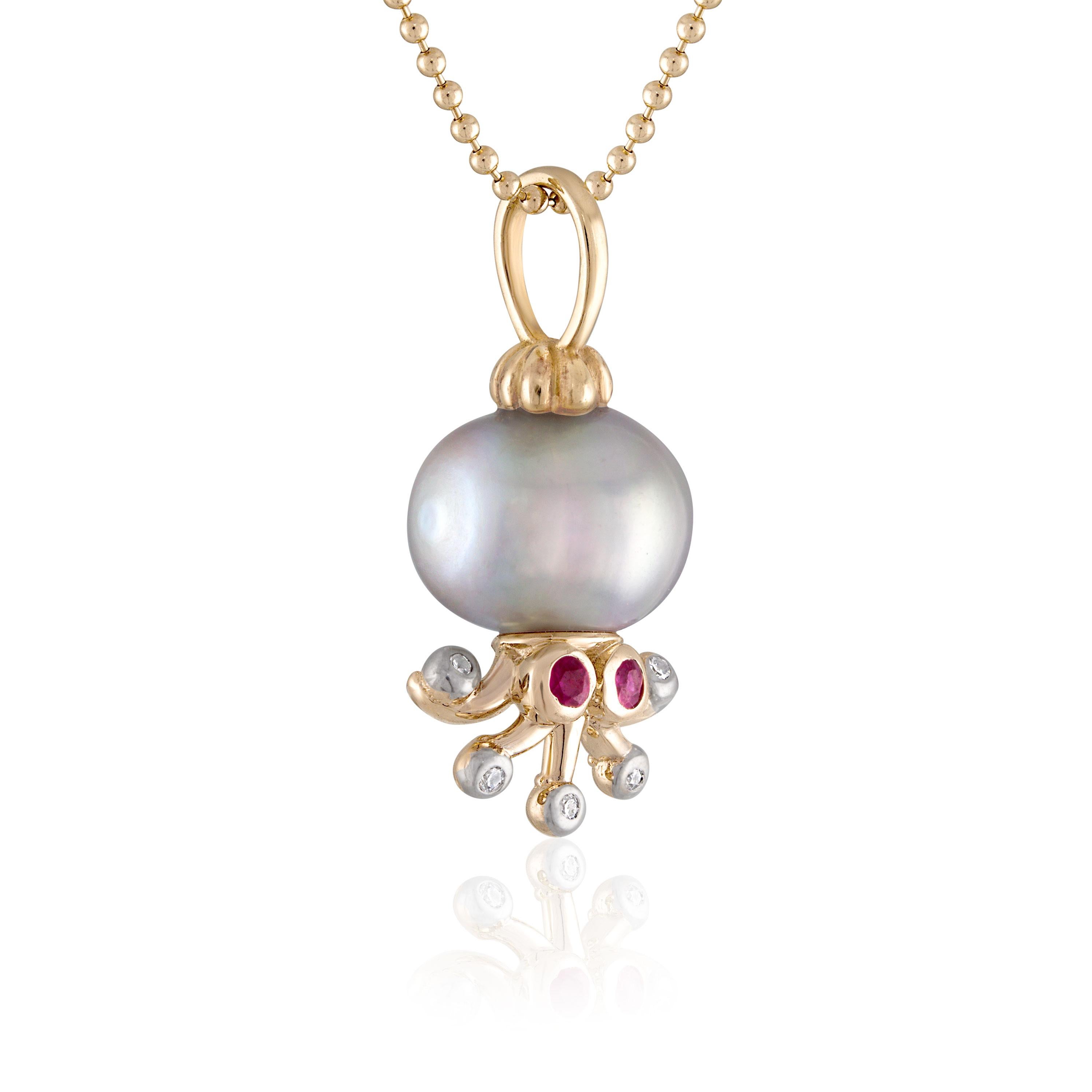 If you are looking for a unique and well-made pearl necklace that you can cherish for a long time, you might want to check out this octopus pearl necklace. It is crafted from 14k yellow gold and feature a lustrous freshwater pearl with ruby eyes and