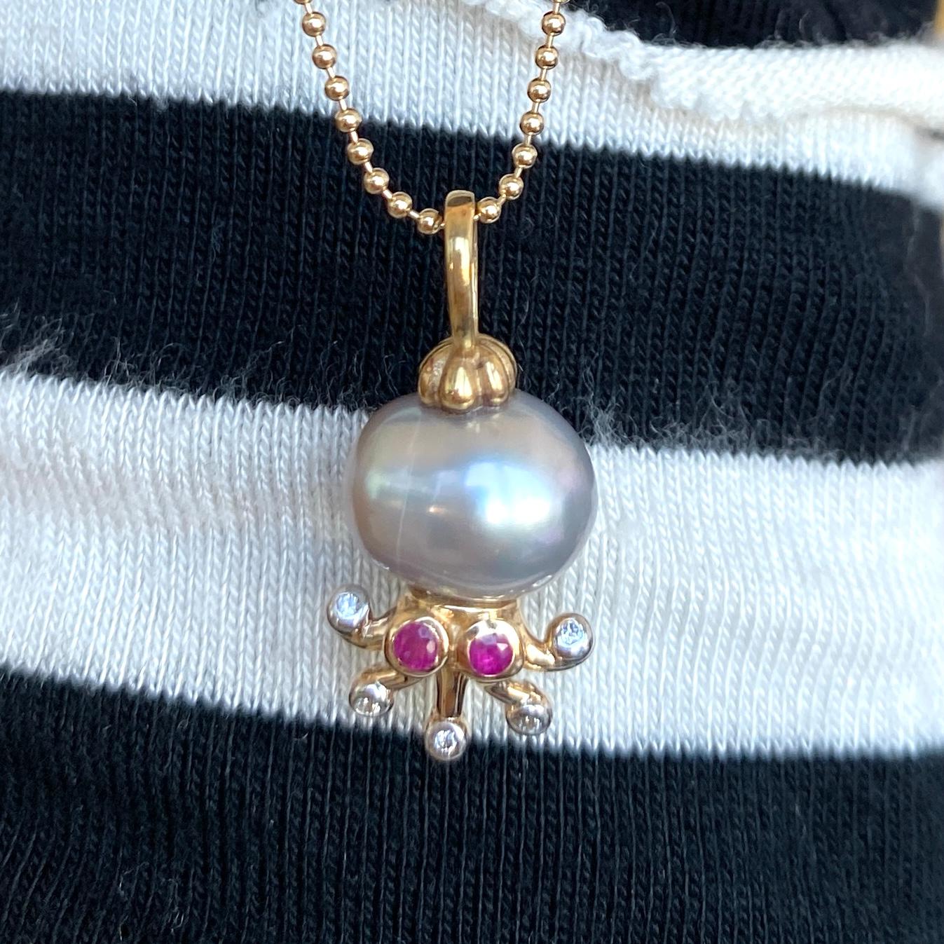 Contemporary Octopus Pearl Ball Necklace Ruby Eyes Diamond Tentacles For Sale