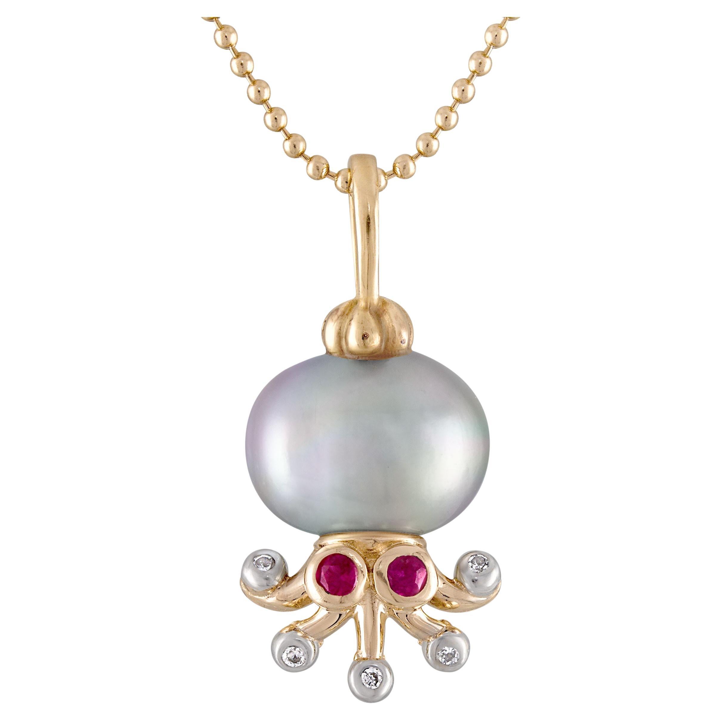 Octopus Pearl Ball Necklace Ruby Eyes Diamond Tentacles For Sale