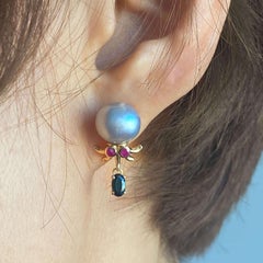 Octopus Pearl Earrings 14k Gold Ruby Eyes Onyx Tentacles