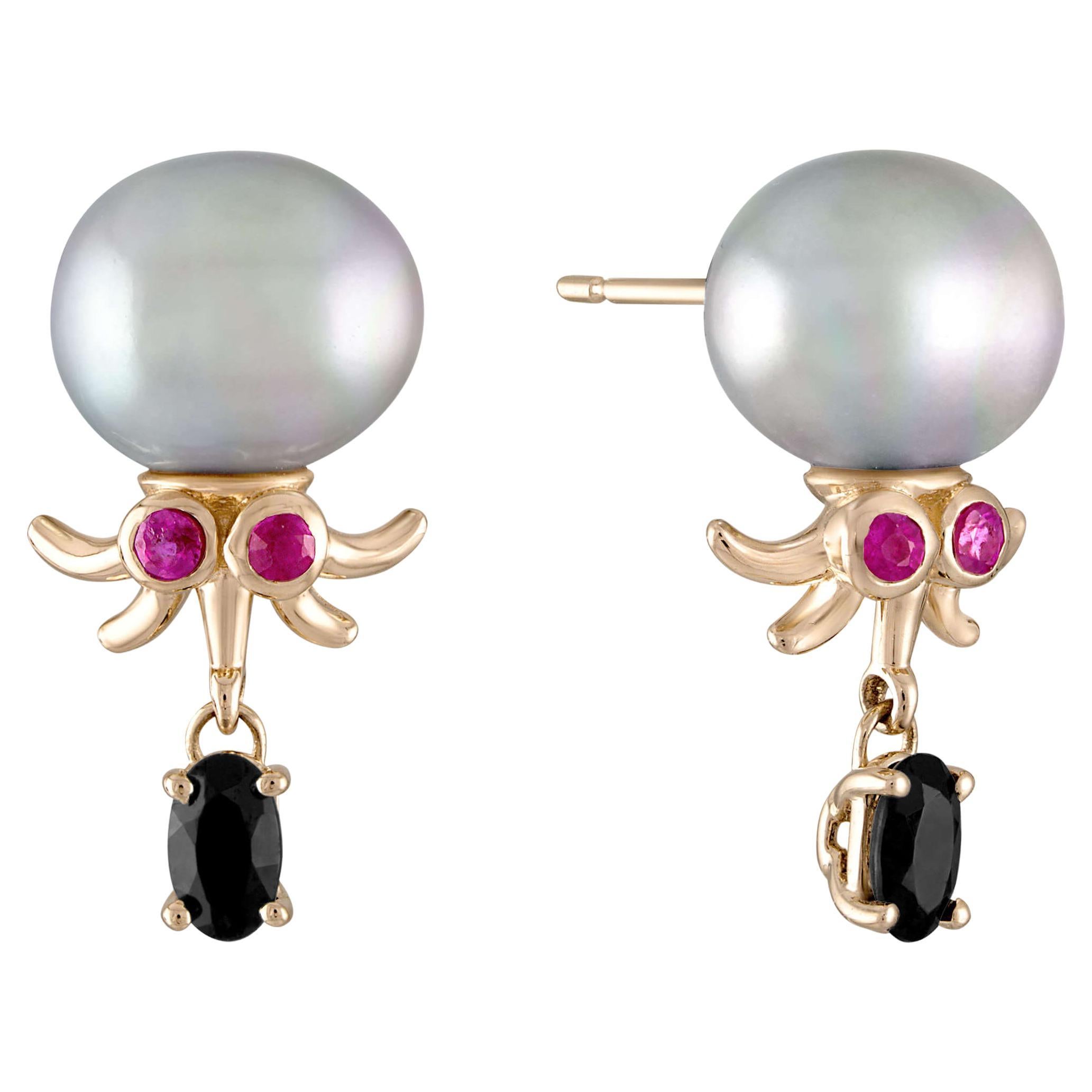 Octopus Pearl Earrings 14k Gold Ruby Eyes Onyx Tentacles For Sale