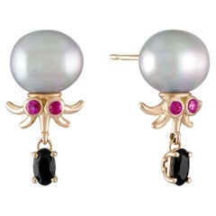 Octopus Pearl Earrings 14k Gold Ruby Eyes Onyx Tentacles