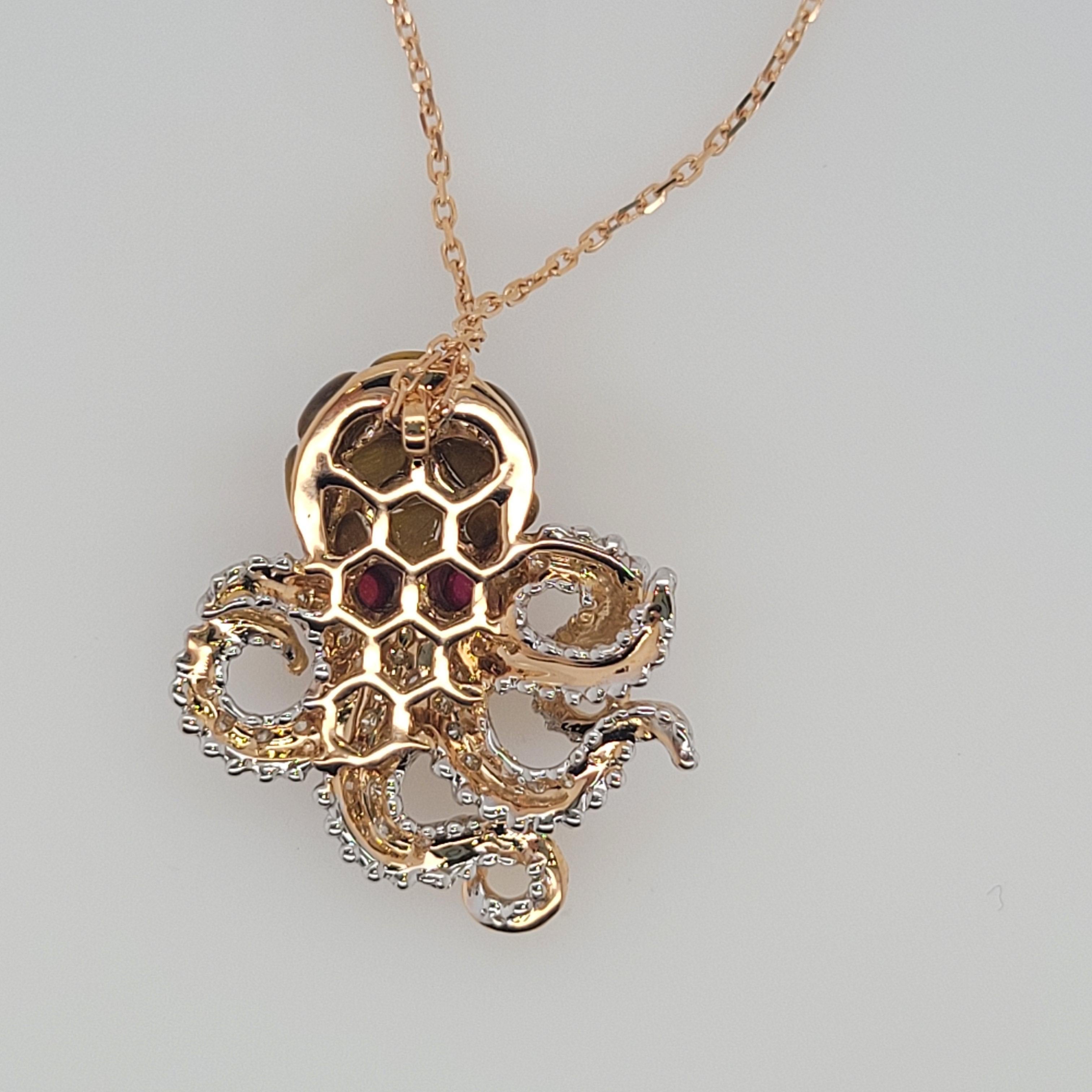 Modern Octopus Pendant in 18K Gold Diamonds, Rubies, Pearl Shell For Sale