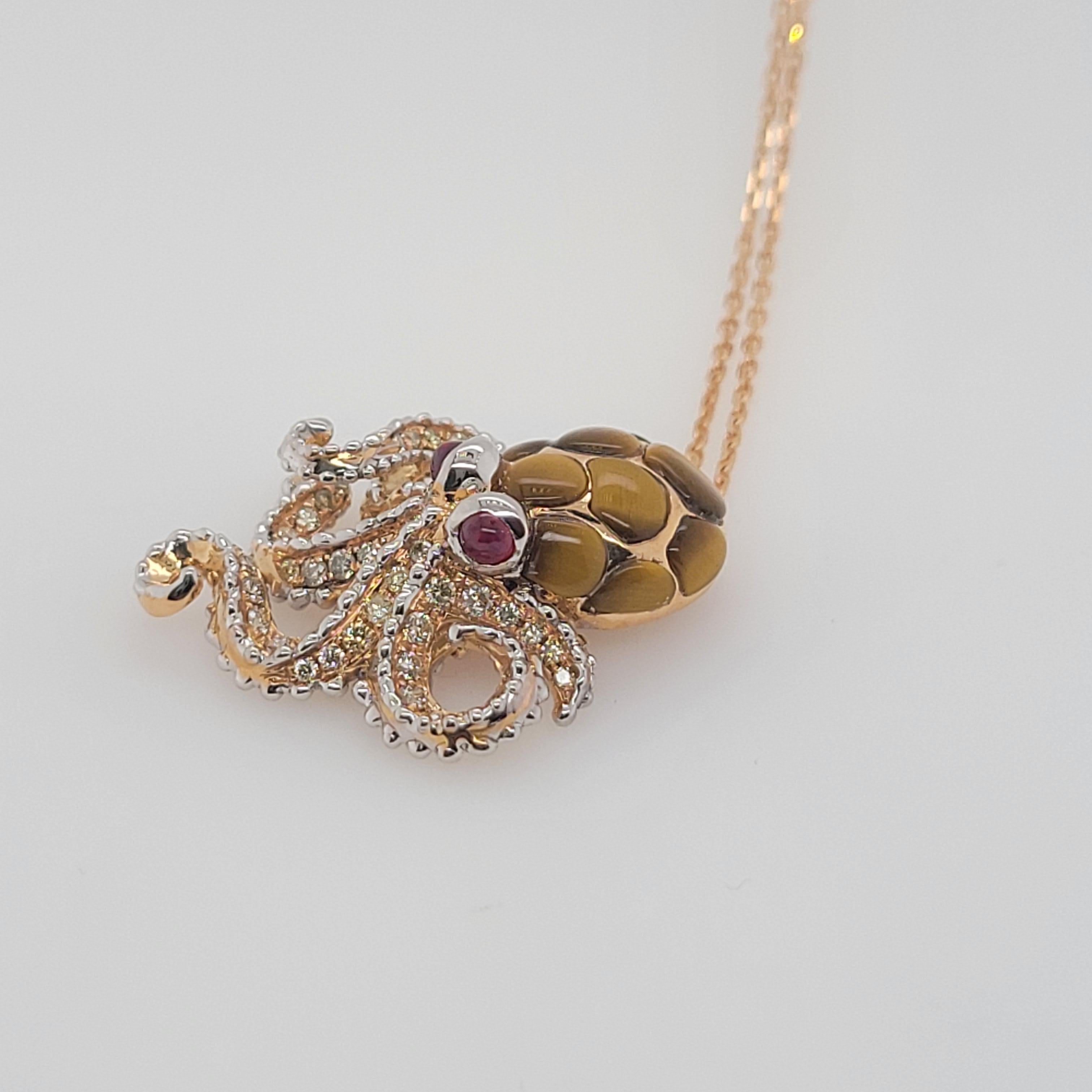 Modern Octopus Pendant in 18K Gold Tiger's Eye, Ruby and Diamonds For Sale