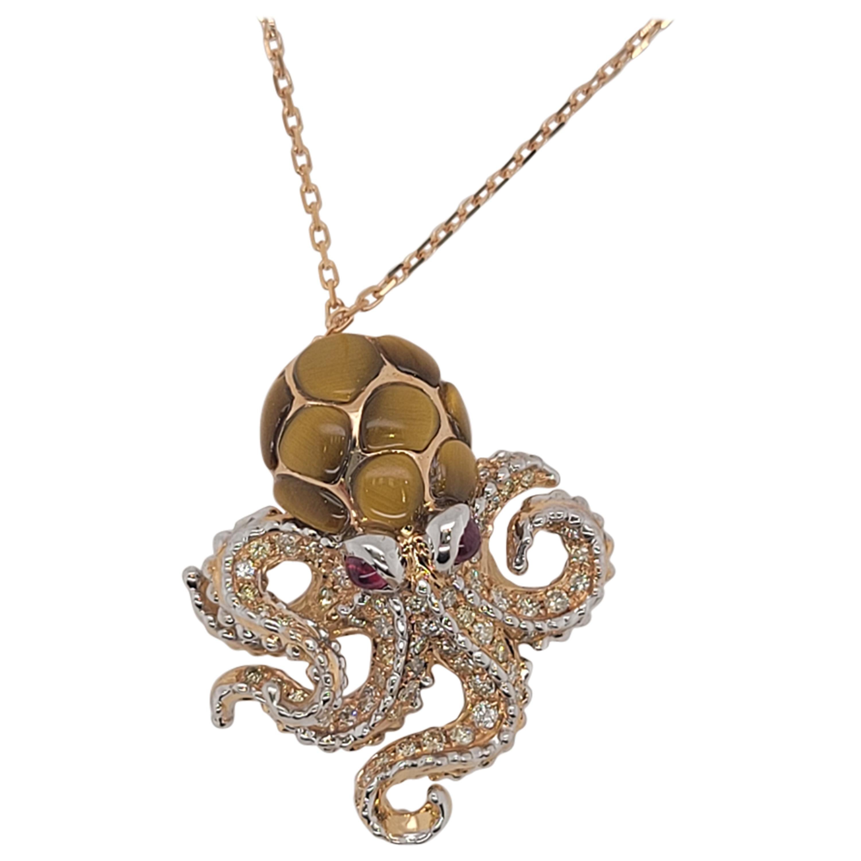 Octopus Pendant in 18K Gold Tiger's Eye, Ruby and Diamonds For Sale