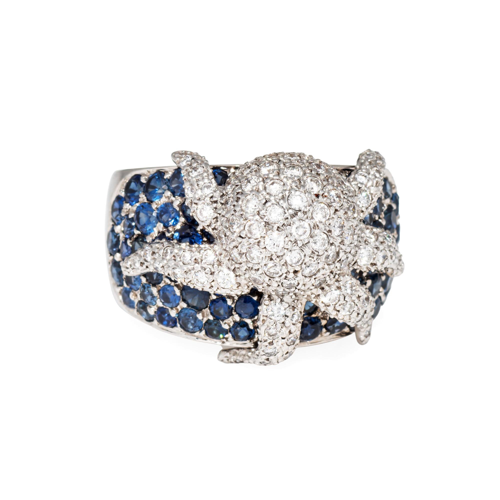 Stylish diamond & sapphire Octopus ring crafted in 18 karat white gold. 

Pave set diamonds total an estimated 1 carat (estimated at H-I color and SI1-I1 clarity). Sapphires measure from 1mm to 2mm. 

With 6 tentacles the Octopus rests on a mount of