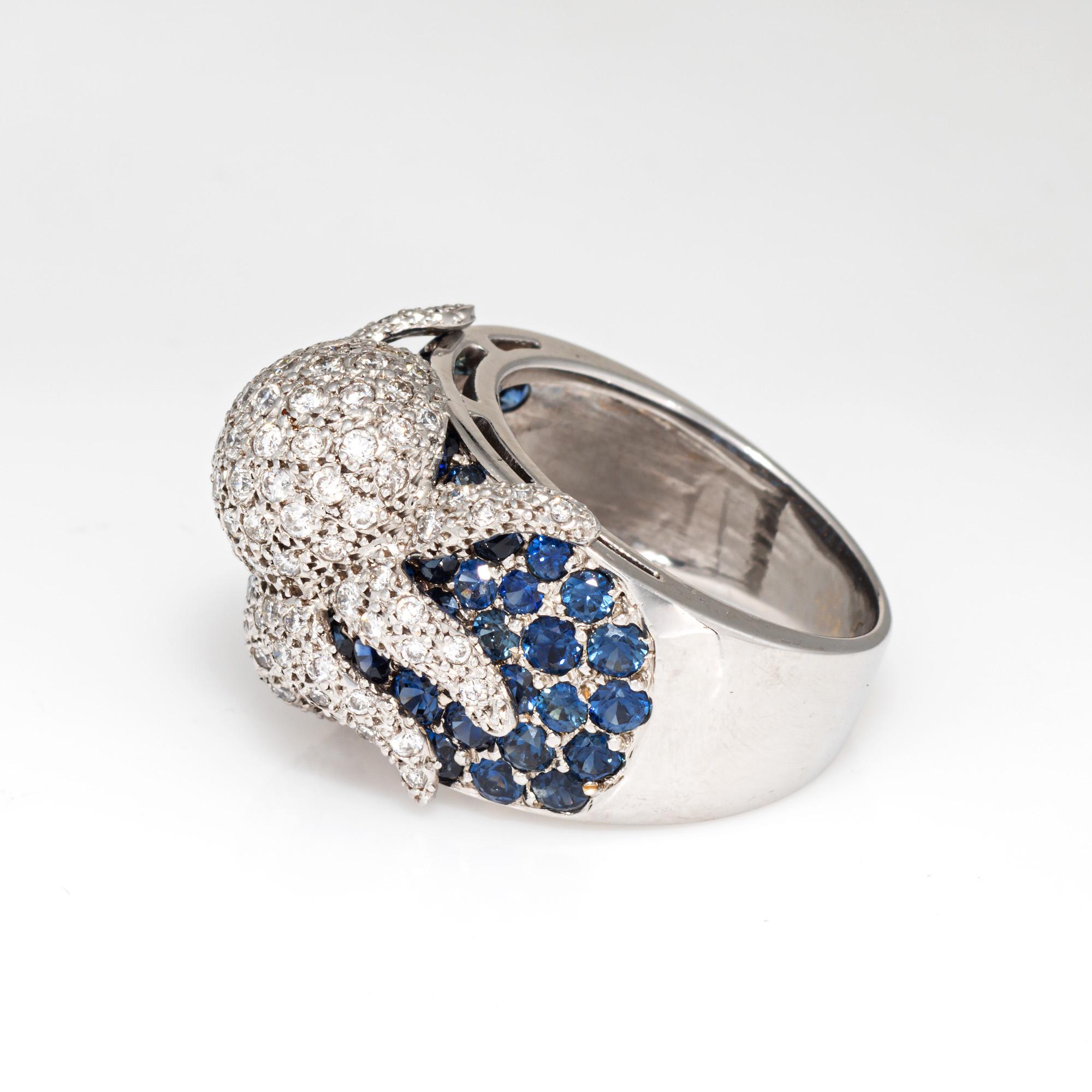 Round Cut Octopus Ring Diamond Sapphire 18k White Gold Sz 7.5 Band Estate Ocean Jewelry For Sale
