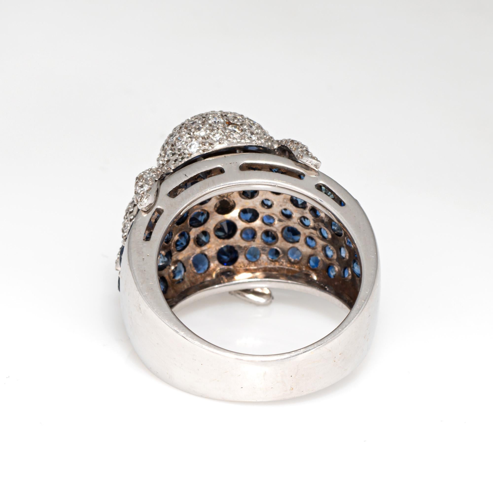 Octopus Ring Diamond Sapphire 18k White Gold Sz 7.5 Band Estate Ocean Jewelry In Good Condition For Sale In Torrance, CA