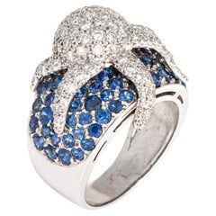 Anillo Pulpo Diamante Zafiro 18k Oro Blanco Sz 7.5 Banda Estate Jewelry Océano
