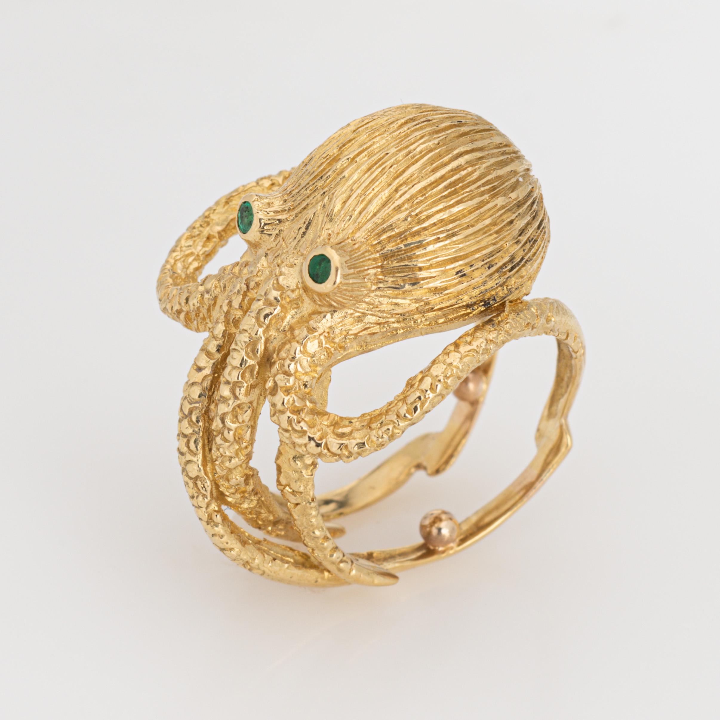 Modern Octopus Ring Vintage Sz 7.5 18k Yellow Gold Emerald Eyes Fine Ocean Jewelry
