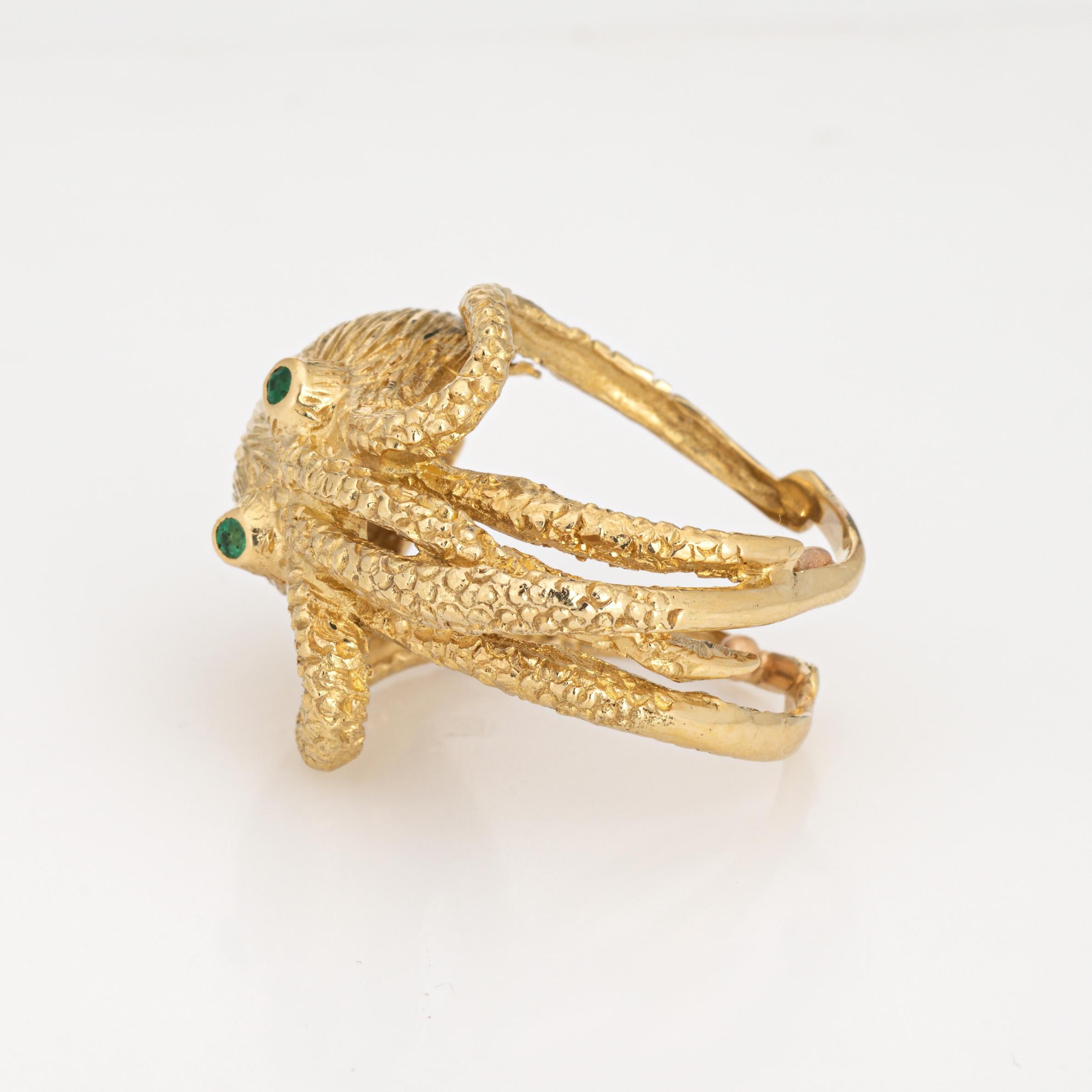 Octopus Ring Vintage Sz 7.5 18k Yellow Gold Emerald Eyes Fine Ocean Jewelry In Good Condition In Torrance, CA