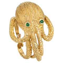 Octopus Ring Vintage Sz 7.5 18k Yellow Gold Emerald Eyes Fine Ocean Jewelry