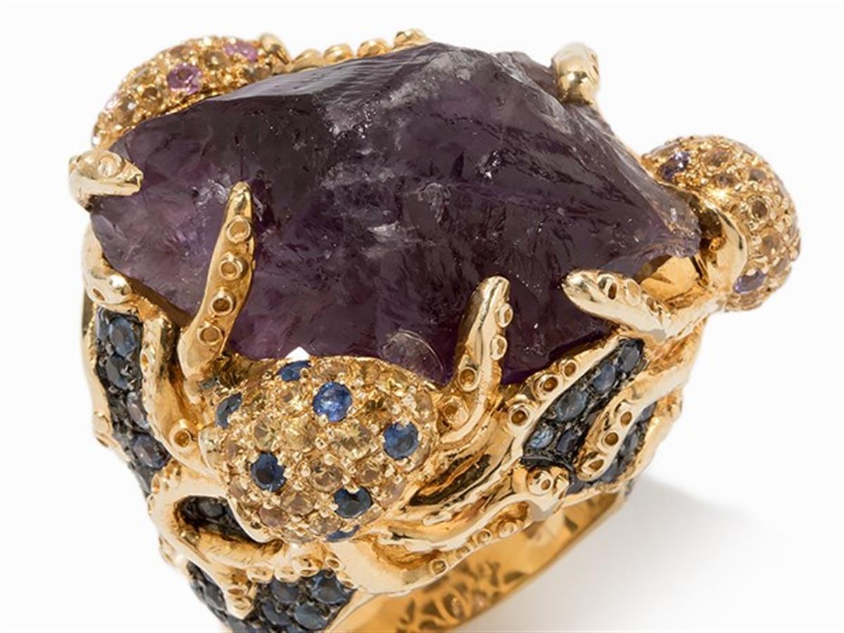 Romantic Octopus Ring with Amethyst Rough Stone, Gold-Plated Sterling Silver