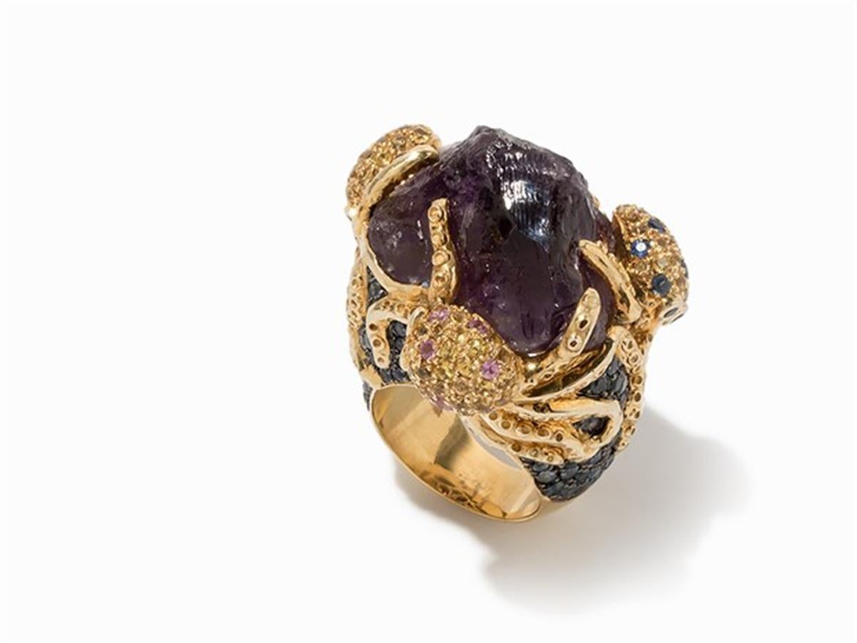 Octopus Ring with Amethyst Rough Stone, Gold-Plated Sterling Silver In New Condition In Bad Kissingen, DE