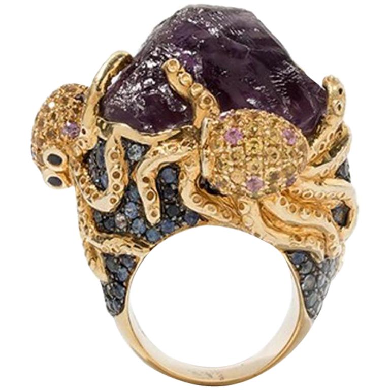Octopus Ring with Amethyst Rough Stone, Gold-Plated Sterling Silver