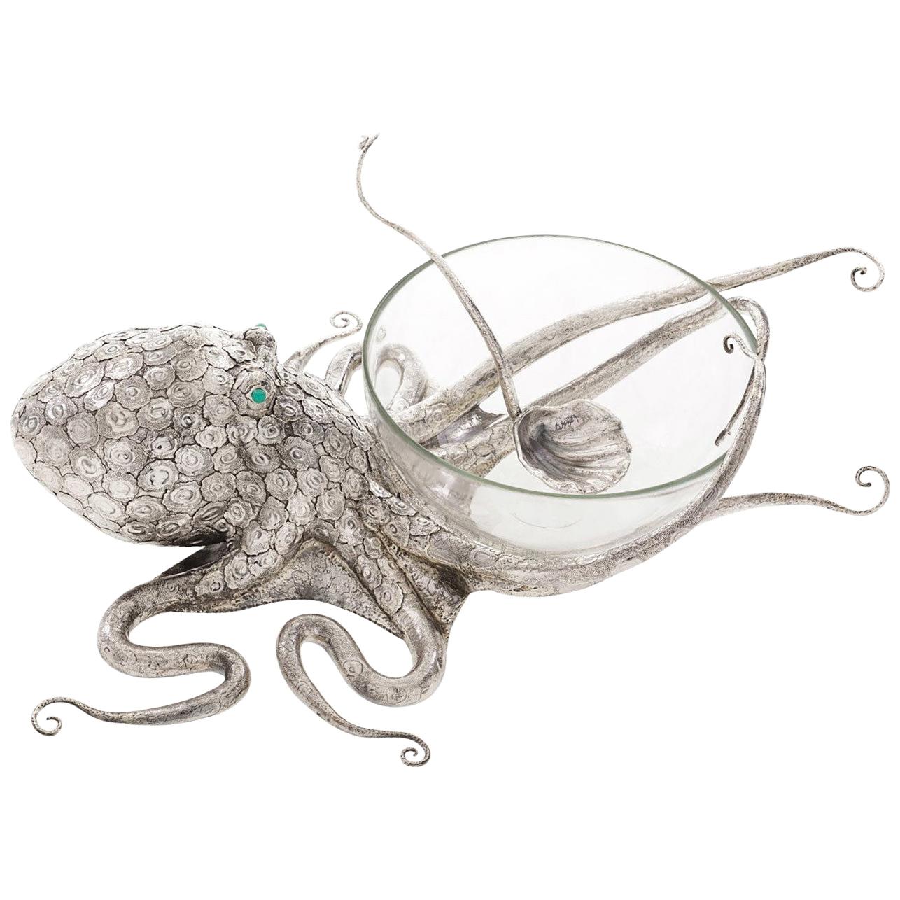 Octopus Sterling Silver and Crystal Tureen For Sale