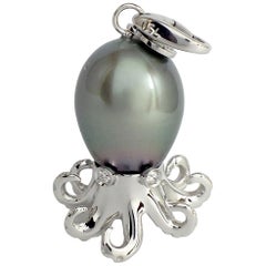 Octopus White Diamond 18 Karat Gold Tahitian Pearl Pendant or Necklace and Charm