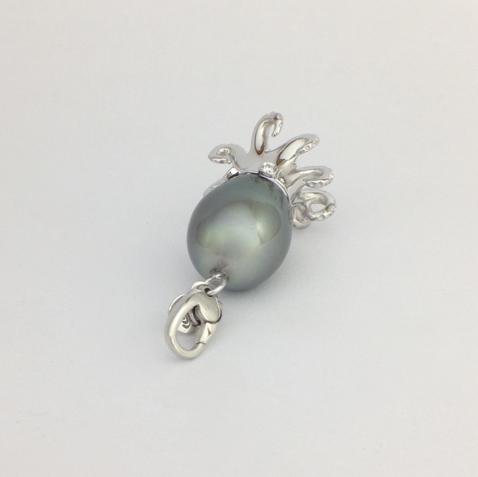 Octopus White Diamond 18 Karat Gold Tahitian Pearl Pendant or Necklace and Charm 7