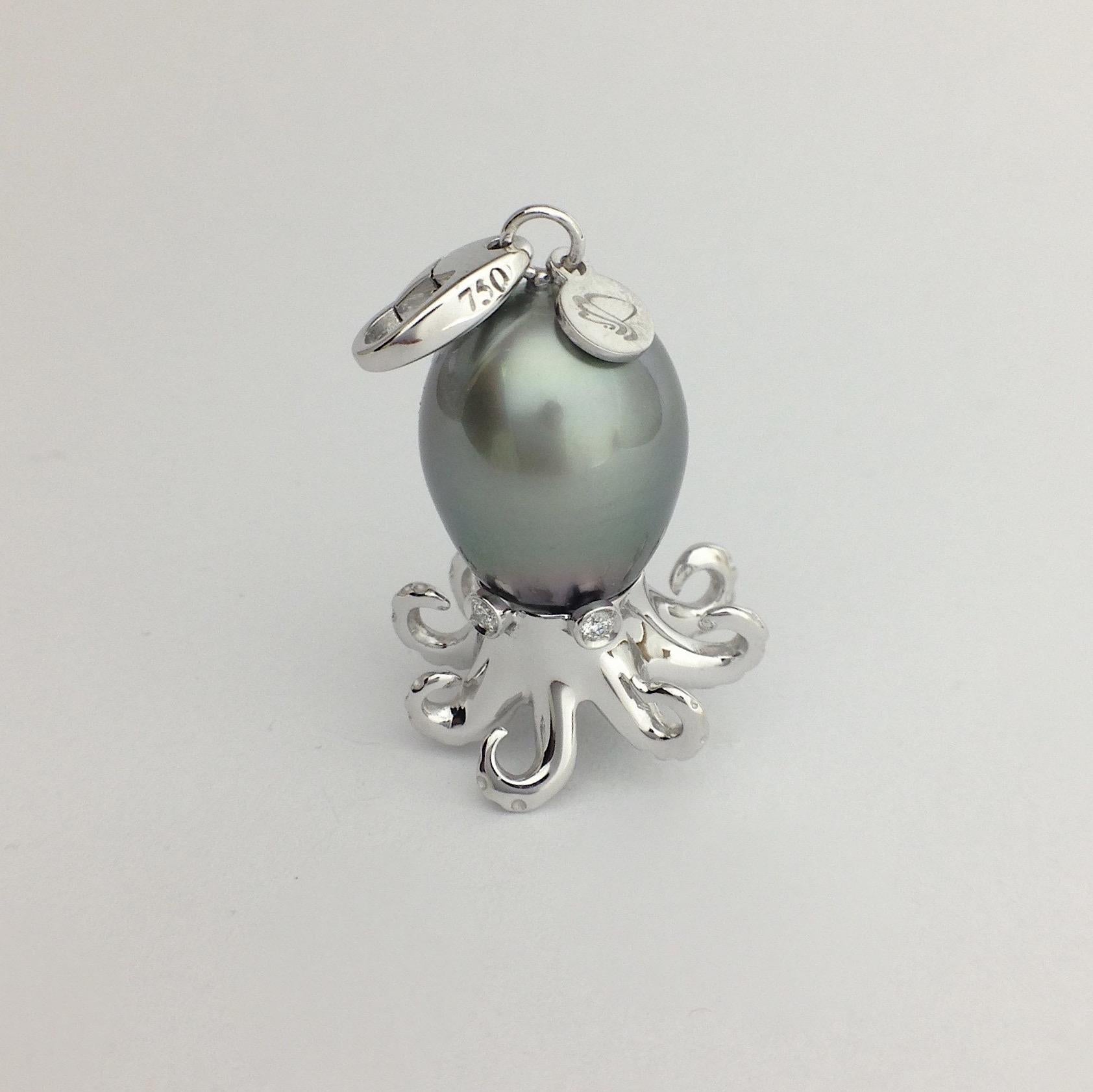 Octopus White Diamond 18 Karat Gold Tahitian Pearl Pendant or Necklace and Charm (Zeitgenössisch)