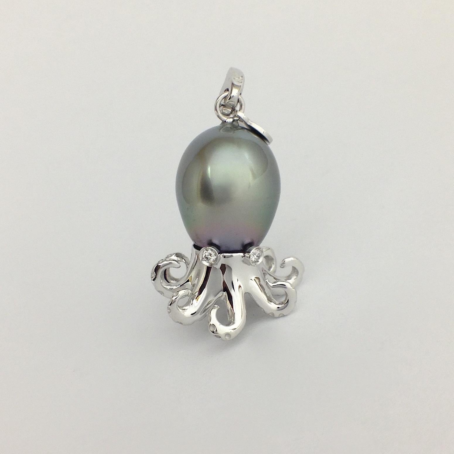 Octopus White Diamond 18 Karat Gold Tahitian Pearl Pendant or Necklace and Charm 4